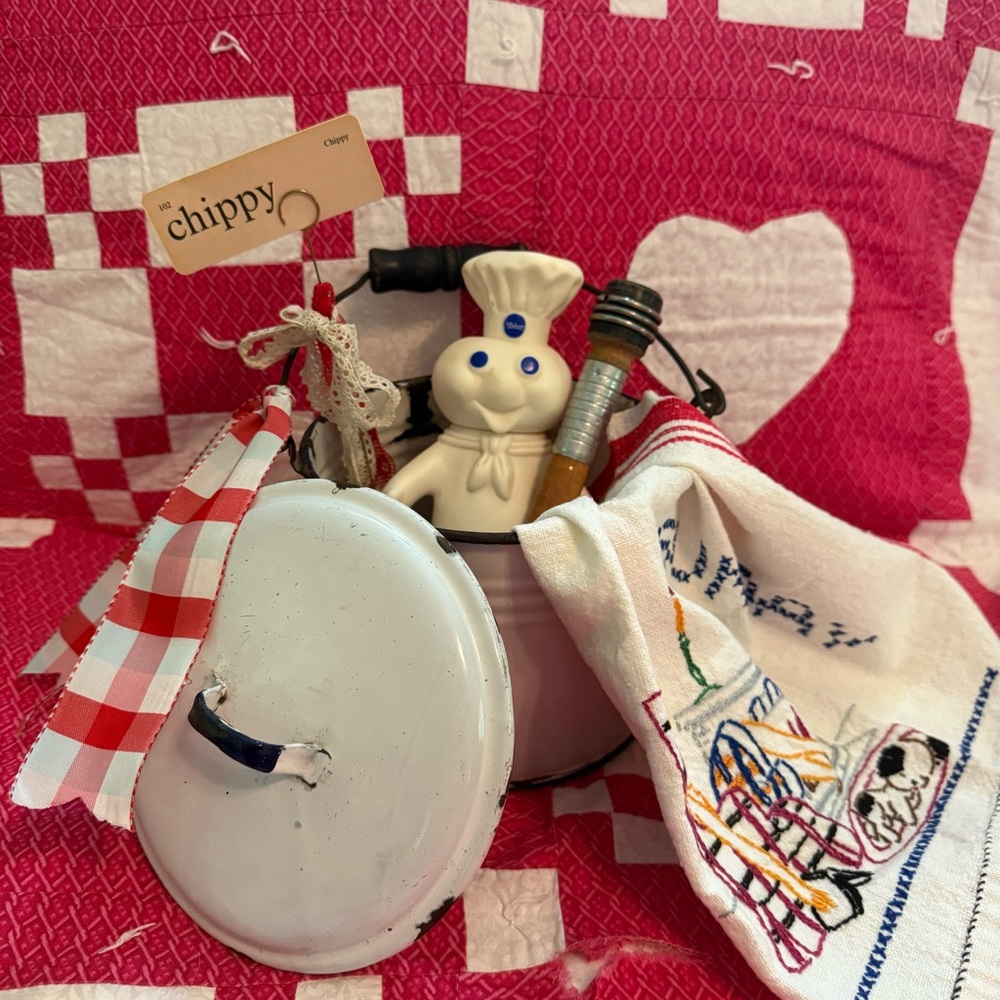 Vintage white enamelware lunch bucket bundle vignette Pillsbury doughboy spool